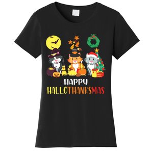 Cat Halloween Christmas Happy Hallothanksmas Thanksgiving Women's T-Shirt