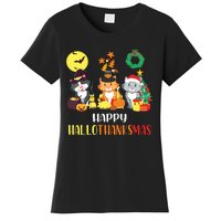 Cat Halloween Christmas Happy Hallothanksmas Thanksgiving Women's T-Shirt