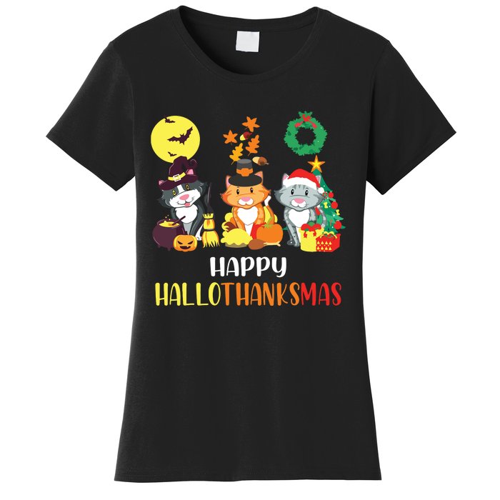 Cat Halloween Christmas Happy Hallothanksmas Thanksgiving Women's T-Shirt