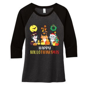 Cat Halloween Christmas Happy Hallothanksmas Thanksgiving Women's Tri-Blend 3/4-Sleeve Raglan Shirt