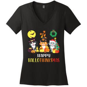 Cat Halloween Christmas Happy Hallothanksmas Thanksgiving Women's V-Neck T-Shirt