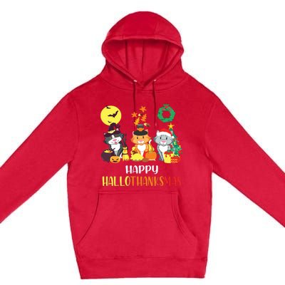 Cat Halloween Christmas Happy Hallothanksmas Thanksgiving Premium Pullover Hoodie