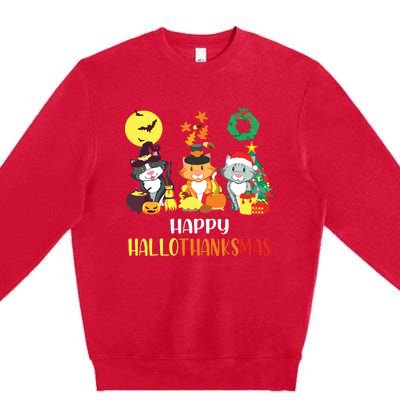 Cat Halloween Christmas Happy Hallothanksmas Thanksgiving Premium Crewneck Sweatshirt