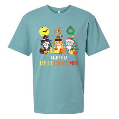 Cat Halloween Christmas Happy Hallothanksmas Thanksgiving Sueded Cloud Jersey T-Shirt