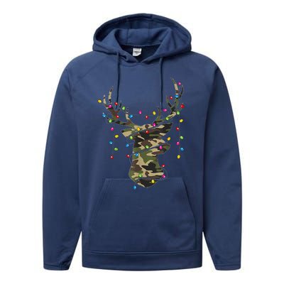 Christmas Holiday Camo Hunting Reindeer Deer Xmas Lights Performance Fleece Hoodie