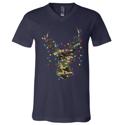 Christmas Holiday Camo Hunting Reindeer Deer Xmas Lights V-Neck T-Shirt