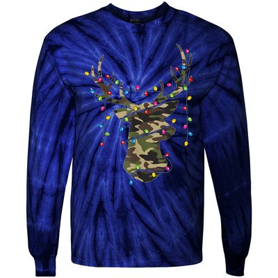 Christmas Holiday Camo Hunting Reindeer Deer Xmas Lights Tie-Dye Long Sleeve Shirt