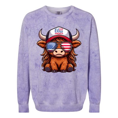 Cute Highland Cow Glasses God Bless America 4th Of July Christian Gift Colorblast Crewneck Sweatshirt