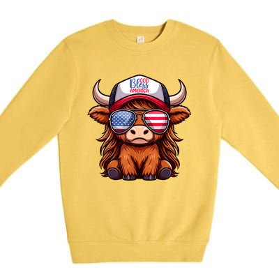 Cute Highland Cow Glasses God Bless America 4th Of July Christian Gift Premium Crewneck Sweatshirt