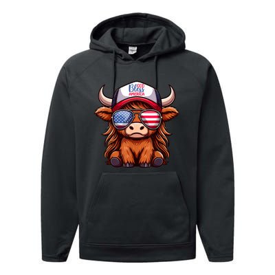 Cute Highland Cow Glasses God Bless America 4th Of July Christian Gift Performance Fleece Hoodie