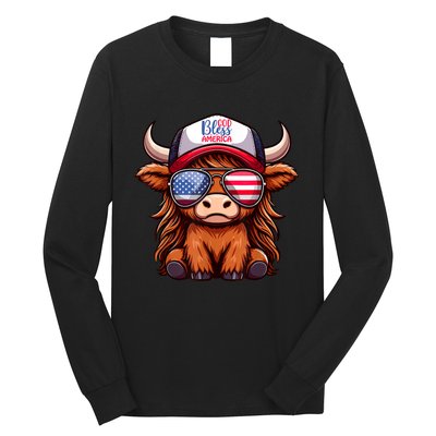 Cute Highland Cow Glasses God Bless America 4th Of July Christian Gift Long Sleeve Shirt