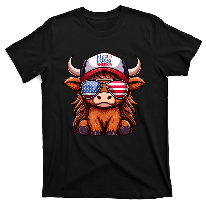 Cute Highland Cow Glasses God Bless America 4th Of July Christian Gift T-Shirt