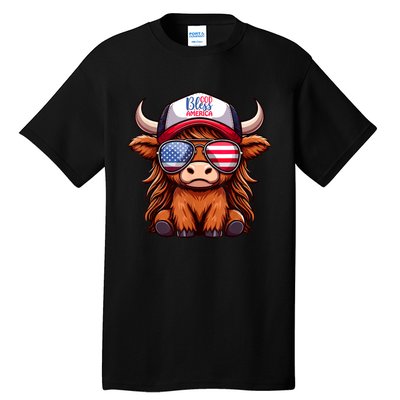 Cute Highland Cow Glasses God Bless America 4th Of July Christian Gift Tall T-Shirt