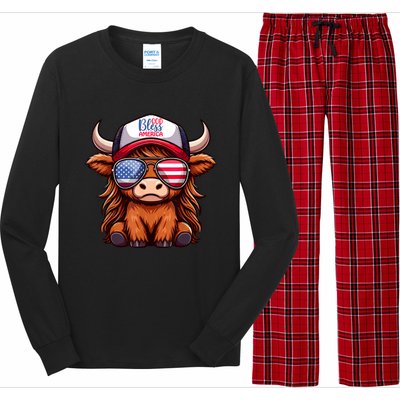 Cute Highland Cow Glasses God Bless America 4th Of July Christian Gift Long Sleeve Pajama Set