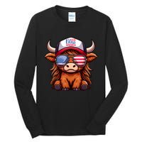 Cute Highland Cow Glasses God Bless America 4th Of July Christian Gift Tall Long Sleeve T-Shirt