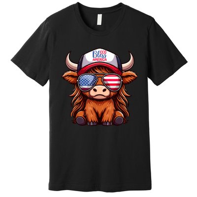 Cute Highland Cow Glasses God Bless America 4th Of July Christian Gift Premium T-Shirt