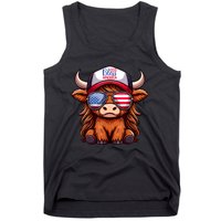 Cute Highland Cow Glasses God Bless America 4th Of July Christian Gift Tank Top