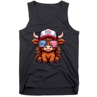 Cute Highland Cow Glasses God Bless America 4th Of July Christian Gift Tank Top