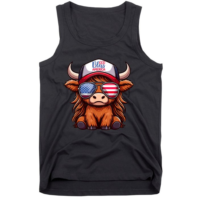 Cute Highland Cow Glasses God Bless America 4th Of July Christian Gift Tank Top