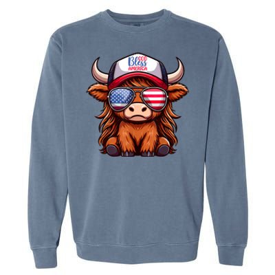 Cute Highland Cow Glasses God Bless America 4th Of July Christian Gift Garment-Dyed Sweatshirt