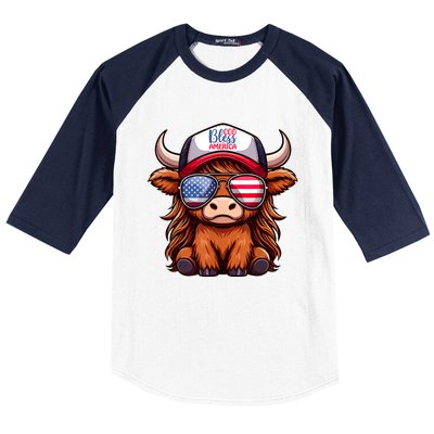 Cute Highland Cow Glasses God Bless America 4th Of July Christian Gift Baseball Sleeve Shirt