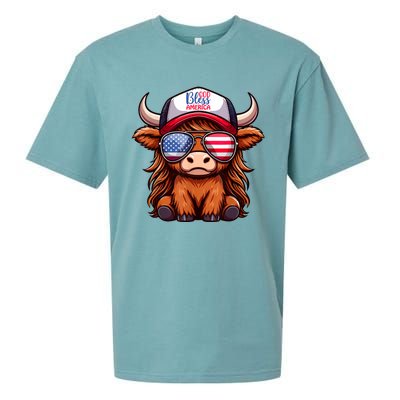 Cute Highland Cow Glasses God Bless America 4th Of July Christian Gift Sueded Cloud Jersey T-Shirt