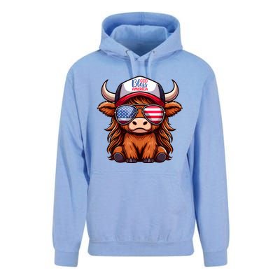 Cute Highland Cow Glasses God Bless America 4th Of July Christian Gift Unisex Surf Hoodie