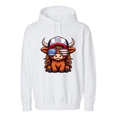 Cute Highland Cow Glasses God Bless America 4th Of July Christian Gift Garment-Dyed Fleece Hoodie