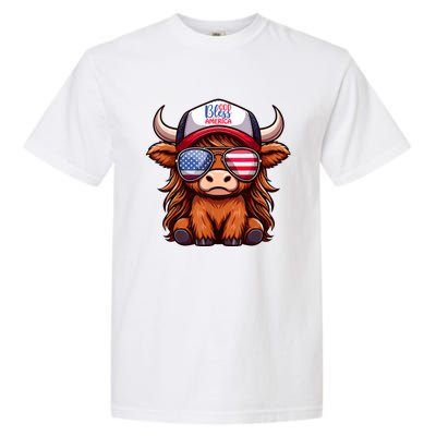 Cute Highland Cow Glasses God Bless America 4th Of July Christian Gift Garment-Dyed Heavyweight T-Shirt