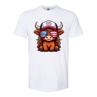 Cute Highland Cow Glasses God Bless America 4th Of July Christian Gift Softstyle CVC T-Shirt