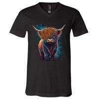 Cute Highland Cattle Cow Funny Highland Cow V-Neck T-Shirt