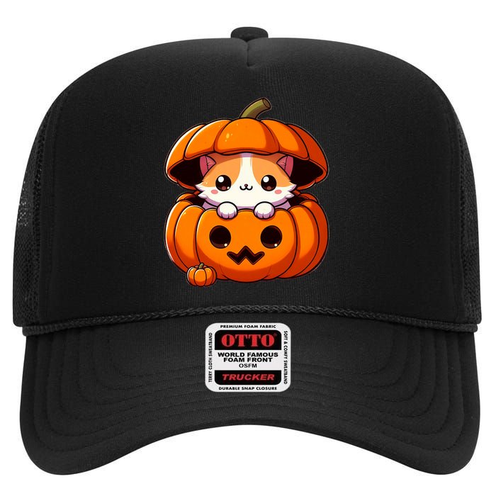 Cute Halloween Cat In Pumpkin – Adorable Halloween High Crown Mesh Back Trucker Hat