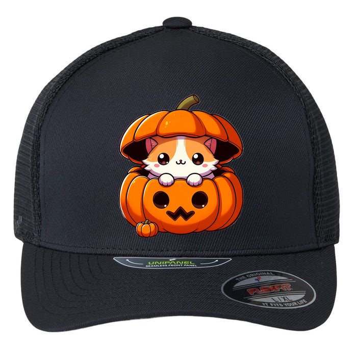 Cute Halloween Cat In Pumpkin – Adorable Halloween Flexfit Unipanel Trucker Cap