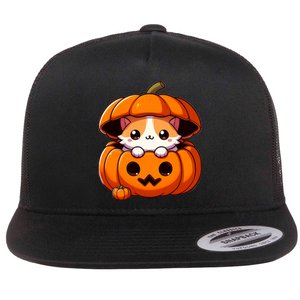 Cute Halloween Cat In Pumpkin – Adorable Halloween Flat Bill Trucker Hat