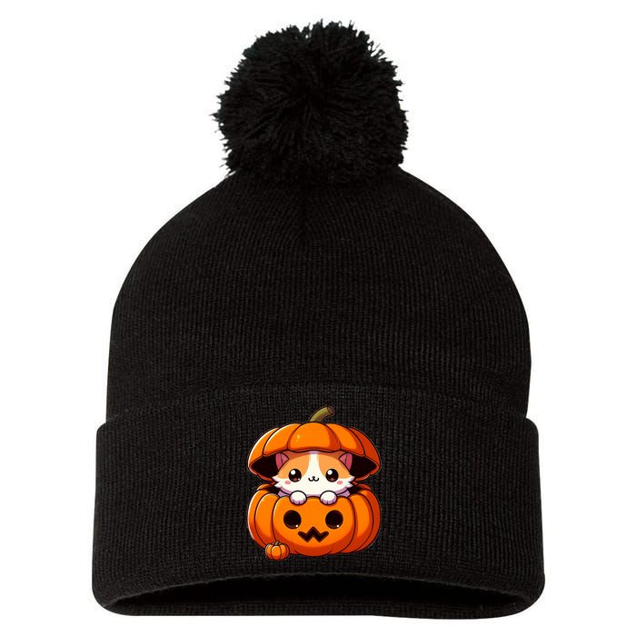 Cute Halloween Cat In Pumpkin – Adorable Halloween Pom Pom 12in Knit Beanie