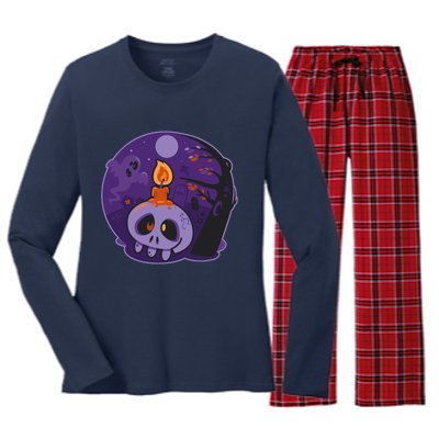 Cute Halloween Candle Skull Women's Long Sleeve Flannel Pajama Set 