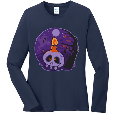 Cute Halloween Candle Skull Ladies Long Sleeve Shirt