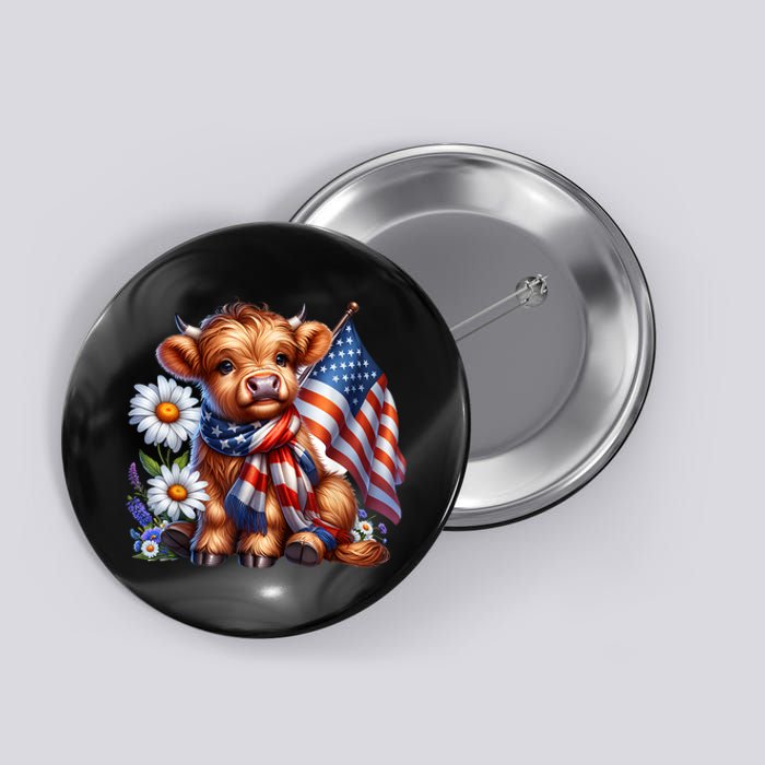 Cute Highland Cow Florals 4th Of July Usa Flag Patriotic Cow Gift Button