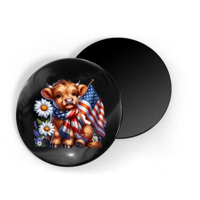 Cute Highland Cow Florals 4th Of July Usa Flag Patriotic Cow Gift Magnet