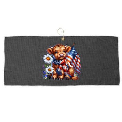 Cute Highland Cow Florals 4th Of July Usa Flag Patriotic Cow Gift Large Microfiber Waffle Golf Towel