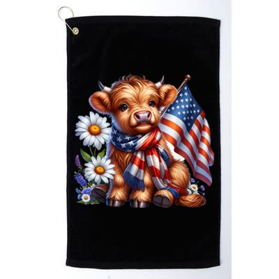 Cute Highland Cow Florals 4th Of July Usa Flag Patriotic Cow Gift Platinum Collection Golf Towel