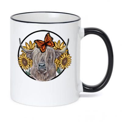 Country Highland Cow & Wild Sunflowers & Butterflies  11oz Black Color Changing Mug