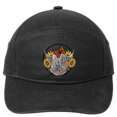 Country Highland Cow & Wild Sunflowers & Butterflies  7-Panel Snapback Hat