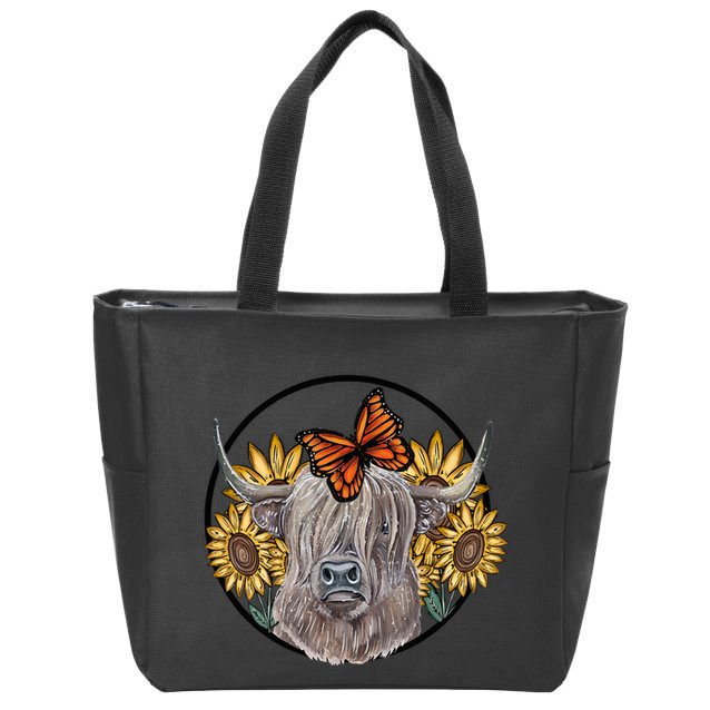 Country Highland Cow & Wild Sunflowers & Butterflies  Zip Tote Bag