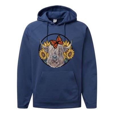 Country Highland Cow & Wild Sunflowers & Butterflies  Performance Fleece Hoodie