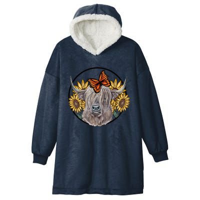 Country Highland Cow & Wild Sunflowers & Butterflies  Hooded Wearable Blanket