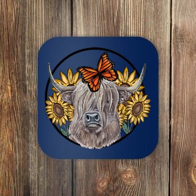 Country Highland Cow & Wild Sunflowers & Butterflies  Coaster