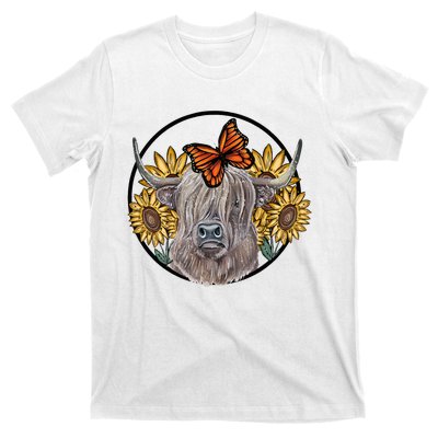 Country Highland Cow & Wild Sunflowers & Butterflies  T-Shirt