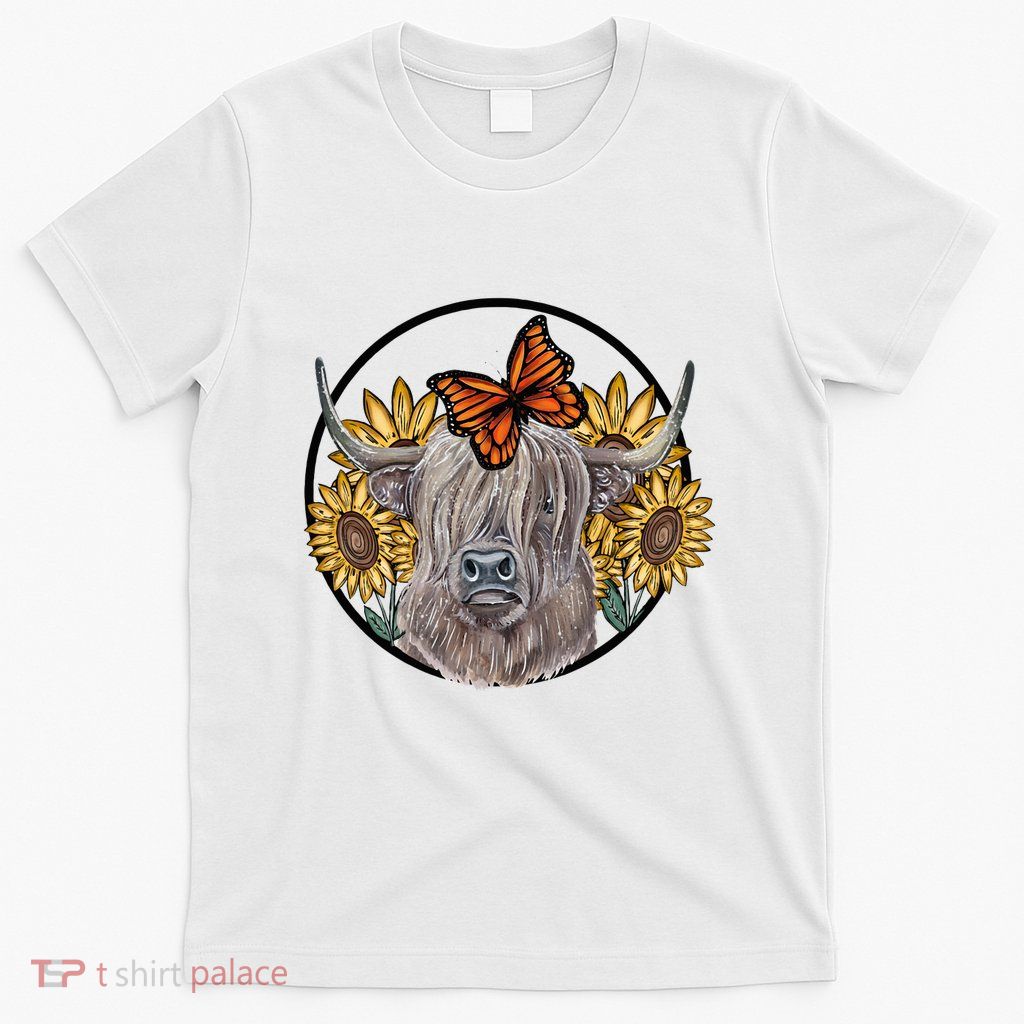 Country Highland Cow & Wild Sunflowers & Butterflies  T-Shirt