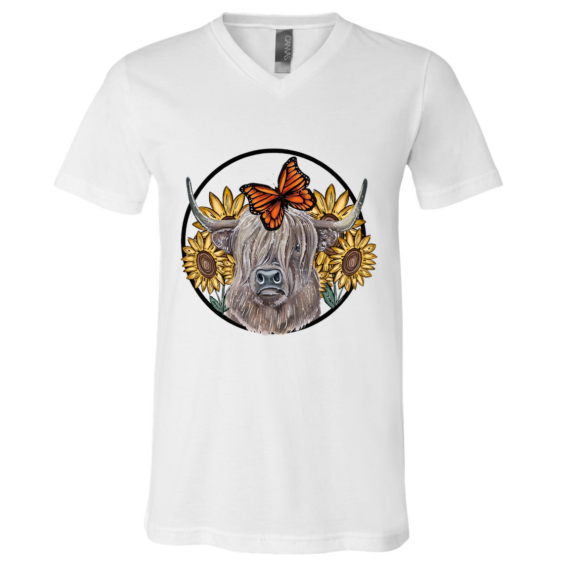 Country Highland Cow & Wild Sunflowers & Butterflies  V-Neck T-Shirt
